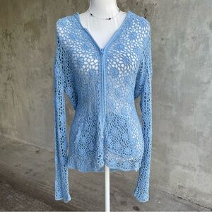 Vintage y2k Blue Floral Crochet Zip Up Hooded Sweater